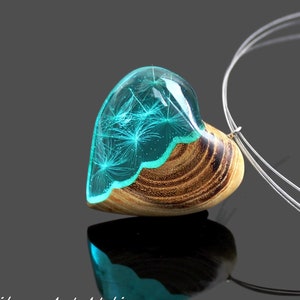 Wood Resin Dandelion Necklace Handmade Dandelion Jewelry Art Heart Pendant Blue Resin Floral Necklace Romantic Resin Wood Jewelry image 1