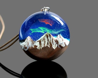 Aurora Borealis Pendant, Snow Mountain Pendant, Birthday gift for woman, Glow in Dark Necklace, Northern Lights Jewelry, UV Glow Necklace