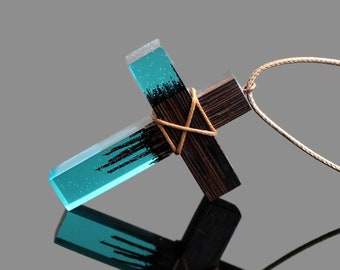 Wood Resin Cross Necklace, Man Wooden Cross, Wooden Cross Necklace, Abstract Cross Pendant, Art Cross Necklace, Modernist Cross Necklace