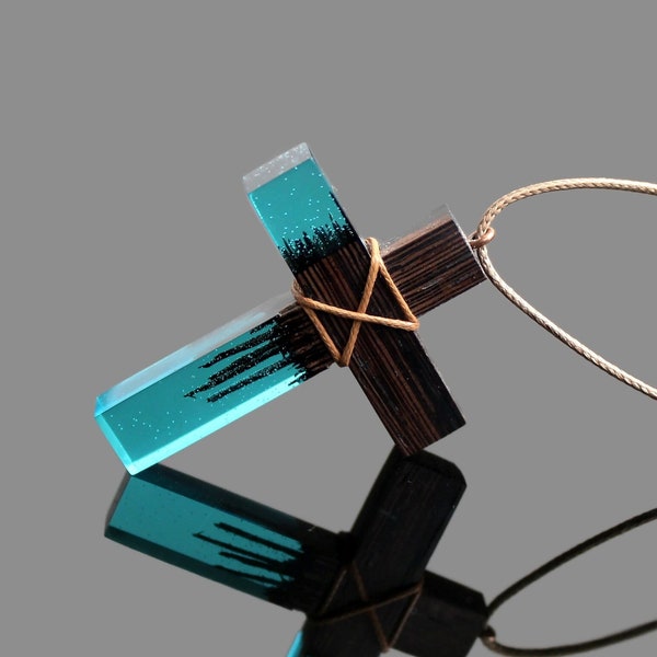 Wood Resin Cross Necklace, Man Wooden Cross, Wooden Cross Necklace, Abstract Cross Pendant, Art Cross Necklace, Modernist Cross Necklace