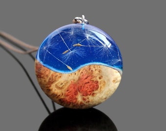 Round Dandelion Resin Necklace,  Blue Wood Resin Pendan, Gift for girlfriend, Mothers day gift, Wood Resin Jewelry, Stunning Wooden Pendant