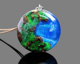 Mystic Wood Resin Pendant, Landscape Wood Resin Pendant, Nature Inspired Boho Necklace, Spring Art Necklace, Wood Resin Bohemian Pendant