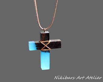 Glow in Dark Cross, Handmade Wooden Cross, Wooden Cross Necklace, Abstract Cross Pendant, Art Cross Necklace,Modernist Cross Necklace