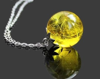 Dandelion Resin Necklace - Small Ball Dandelion Seeds Necklace - Yellow Dandelion Ball Pendant - Real Dandelion Pendant - Handmade jewelry