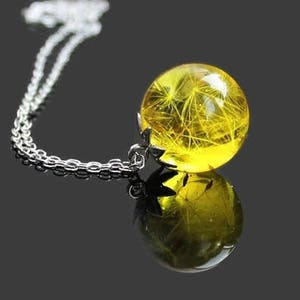 Dandelion Resin Necklace - Small Ball Dandelion Seeds Necklace - Yellow Dandelion Ball Pendant - Real Dandelion Pendant - Handmade jewelry
