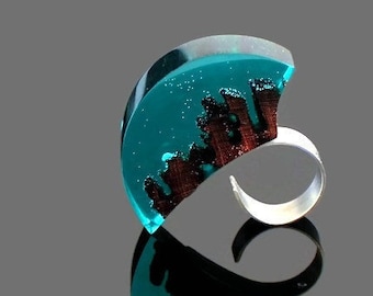 Handmade Driftwood Resin Ring – Adjustable Blue Art Wood Ring