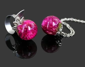 Flower Resin Necklace Ring Set - Purple Resin Jewelry Set - Flower Ball Pendant Ring Set - Real Flower Ring - jewelry Set -Gift For Her
