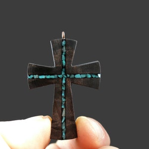 Turquoise Wood Cross Necklace Wood Resin Cross Pendant Bohemian Cross Necklace Wood Art Cross Necklace-Art Cross Jewelry Man Cross image 3