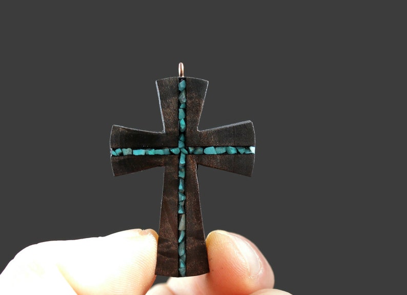 Turquoise Wood Cross Necklace Wood Resin Cross Pendant Bohemian Cross Necklace Wood Art Cross Necklace-Art Cross Jewelry Man Cross image 3