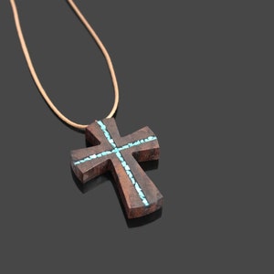 Wood Turquoise Cross Pendant Wooden Cross for man Wood Art Cross Necklace Gift for man Abstract Cross Necklace Man Cross Necklace image 6