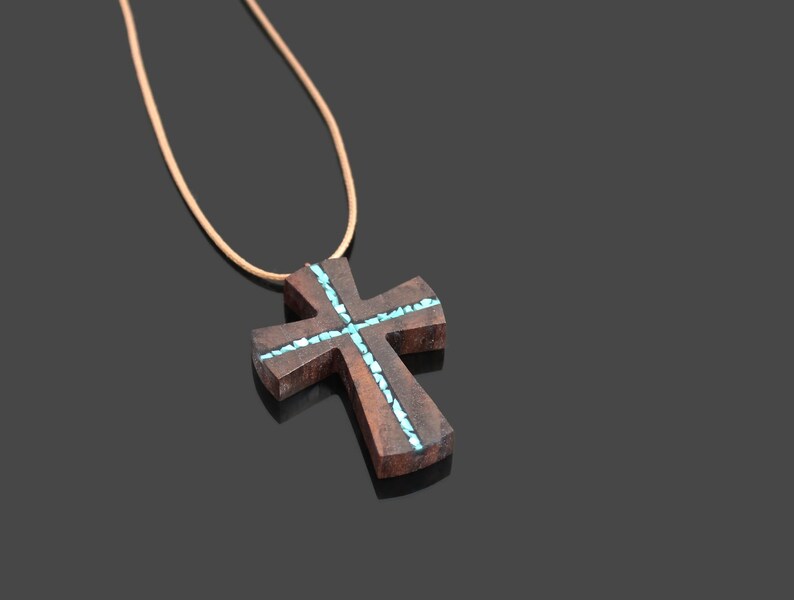 Wood Turquoise Cross Pendant Wooden Cross for man Wood Art Cross Necklace Gift for man Abstract Cross Necklace Man Cross Necklace image 6