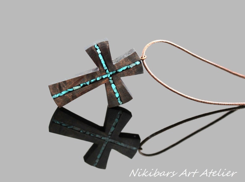 Turquoise Wood Cross Necklace Wood Resin Cross Pendant Bohemian Cross Necklace Wood Art Cross Necklace-Art Cross Jewelry Man Cross image 1