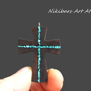 Wood Turquoise Cross Pendant Wooden Cross for man Wood Art Cross Necklace Gift for man Abstract Cross Necklace Man Cross Necklace image 1