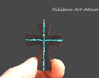 Wood Turquoise Cross Pendant - Wooden Cross for man - Wood Art Cross Necklace - Gift for man - Abstract Cross Necklace - Man Cross Necklace