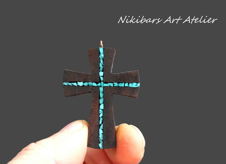 Wood Turquoise Cross Pendant Wooden Cross for man Wood Art Cross Necklace Gift for man Abstract Cross Necklace Man Cross Necklace image 1