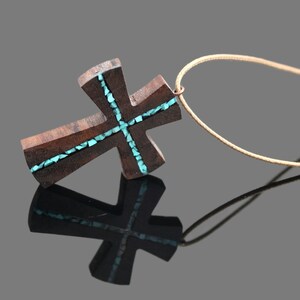 Wood Turquoise Cross Pendant Wooden Cross for man Wood Art Cross Necklace Gift for man Abstract Cross Necklace Man Cross Necklace image 3