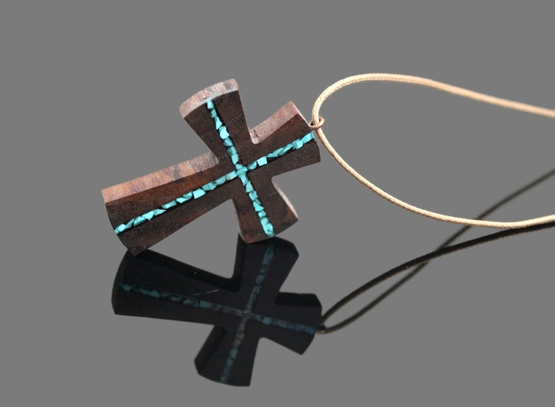 Wood Turquoise Cross Pendant Wooden Cross for man Wood Art Cross Necklace Gift for man Abstract Cross Necklace Man Cross Necklace image 3