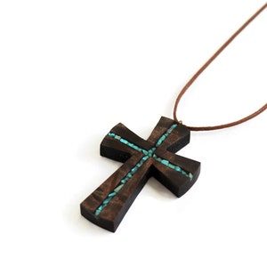 Turquoise Wood Cross Necklace Wood Resin Cross Pendant Bohemian Cross Necklace Wood Art Cross Necklace-Art Cross Jewelry Man Cross image 7