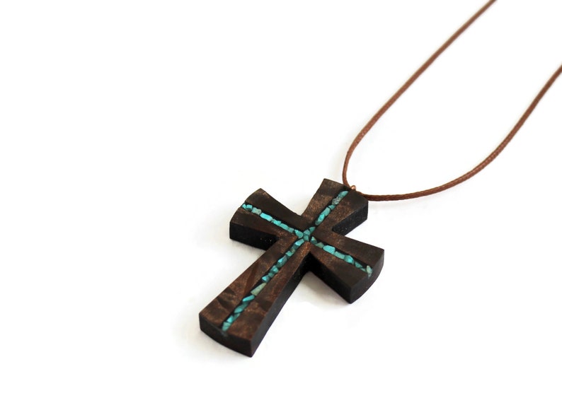 Turquoise Wood Cross Necklace Wood Resin Cross Pendant Bohemian Cross Necklace Wood Art Cross Necklace-Art Cross Jewelry Man Cross image 7