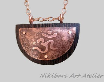 Om Necklace, Wood Copper Pendant, Wenge Necklace, Modernist Wenge Necklace, Art Pendant, Geometric Necklace, Copper Art Necklace