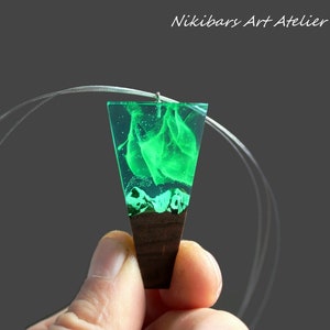 Aurora Borealis Necklace, Glow in Dark Necklace, Northern Lights Necklace, UV Glow Necklace, Modernist Pendant Necklace, Wood Resin Pendant