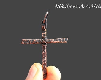 Rustic Cross Necklace, Copper Mens Cross Necklace,Abstract Men Cross Pendant, Art Cross Necklace, Modernist Cross Necklace, Ethnic Necklace.