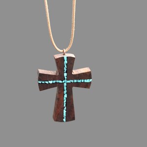 Wood Turquoise Cross Pendant Wooden Cross for man Wood Art Cross Necklace Gift for man Abstract Cross Necklace Man Cross Necklace image 4