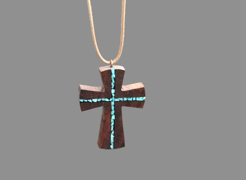 Wood Turquoise Cross Pendant Wooden Cross for man Wood Art Cross Necklace Gift for man Abstract Cross Necklace Man Cross Necklace image 4