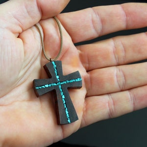 Wood Turquoise Cross Pendant Wooden Cross for man Wood Art Cross Necklace Gift for man Abstract Cross Necklace Man Cross Necklace image 2