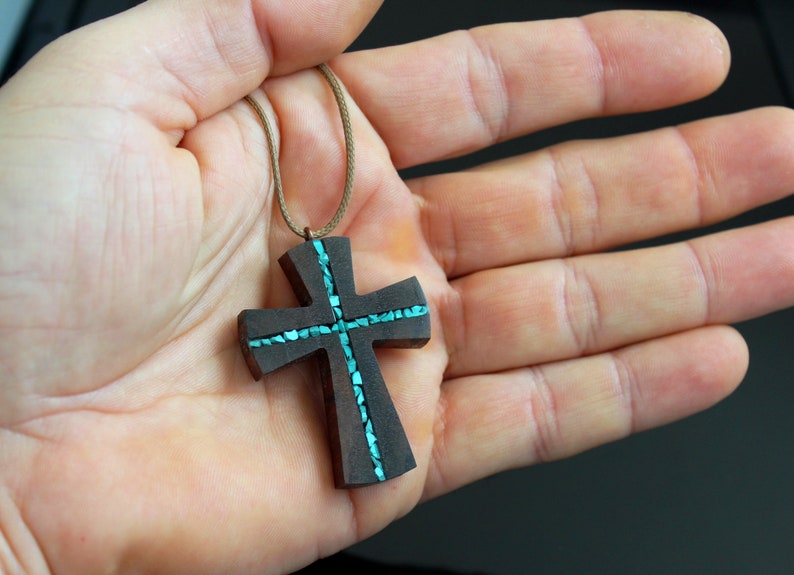 Wood Turquoise Cross Pendant Wooden Cross for man Wood Art Cross Necklace Gift for man Abstract Cross Necklace Man Cross Necklace image 2