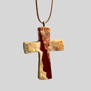 Handcrafted Wooden Cross Necklace with Red Resin – Christian Faith Pendant, Religious Gift for Men and Women, Wood Resin Boho Cross Jewelry