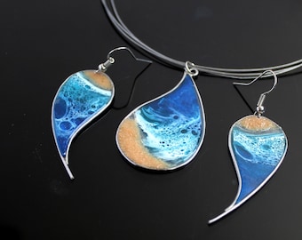 Ocean Wave Resin Jewelry Set, Beach Inspired Necklace and Earrings, Handmade Epoxy Stained Glass Jewelry, Coastal Sea Jewellery Gift for Her