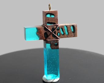 Resin Wood Cross Necklace - Driftwood & Blue Resin, Handmade
