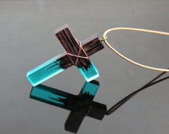Handmade Wood Resin Cross Necklace, Abstract Art Pendant