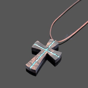 Turquoise Wood Cross Necklace Wood Resin Cross Pendant Bohemian Cross Necklace Wood Art Cross Necklace-Art Cross Jewelry Man Cross image 5