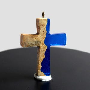 Handmade Wooden Cross Necklace with Blue Resin – Christian Faith Pendant, Religious Gift for Men and Women, Wood Resin Boho Cross Jewelry