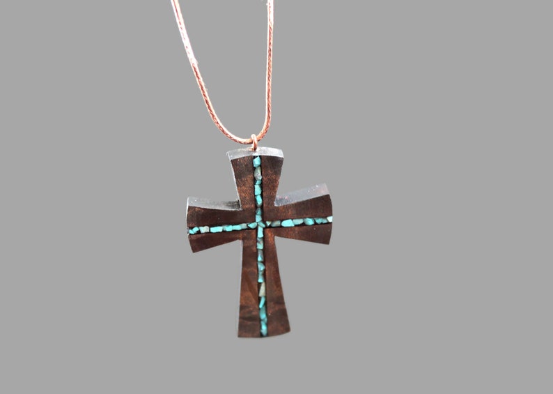 Turquoise Wood Cross Necklace Wood Resin Cross Pendant Bohemian Cross Necklace Wood Art Cross Necklace-Art Cross Jewelry Man Cross image 2