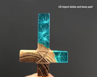 Resin Dandelion Cross Pendant – Handmade Wood & Blue Epoxy Necklace