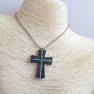 Wood Turquoise Cross Pendant Wooden Cross for man Wood Art Cross Necklace Gift for man Abstract Cross Necklace Man Cross Necklace image 8