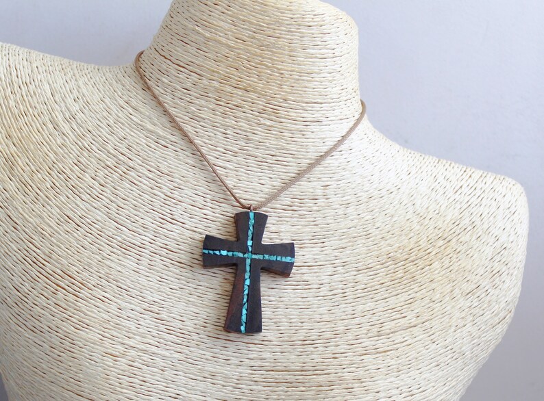 Wood Turquoise Cross Pendant Wooden Cross for man Wood Art Cross Necklace Gift for man Abstract Cross Necklace Man Cross Necklace image 8