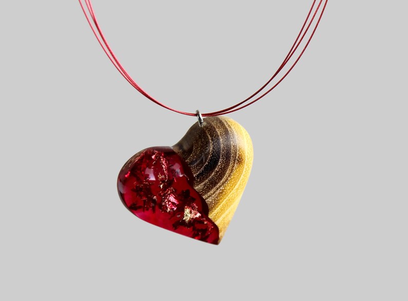Love Heart Gold Necklace Red Heart Necklace Resin Gold Etsy