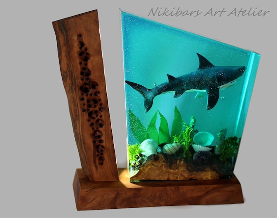 Shark Night Light, Ambient Ocean Lamp, Shark Diorama, Seabed Lamp