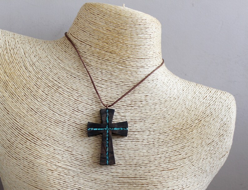 Turquoise Wood Cross Necklace Wood Resin Cross Pendant Bohemian Cross Necklace Wood Art Cross Necklace-Art Cross Jewelry Man Cross image 8