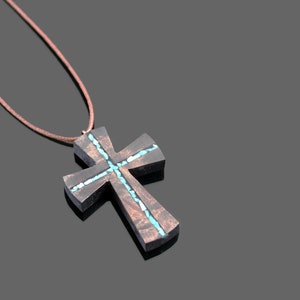 Turquoise Wood Cross Necklace Wood Resin Cross Pendant Bohemian Cross Necklace Wood Art Cross Necklace-Art Cross Jewelry Man Cross image 6