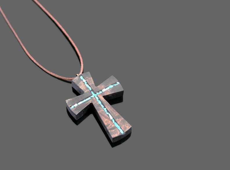 Turquoise Wood Cross Necklace Wood Resin Cross Pendant Bohemian Cross Necklace Wood Art Cross Necklace-Art Cross Jewelry Man Cross image 6