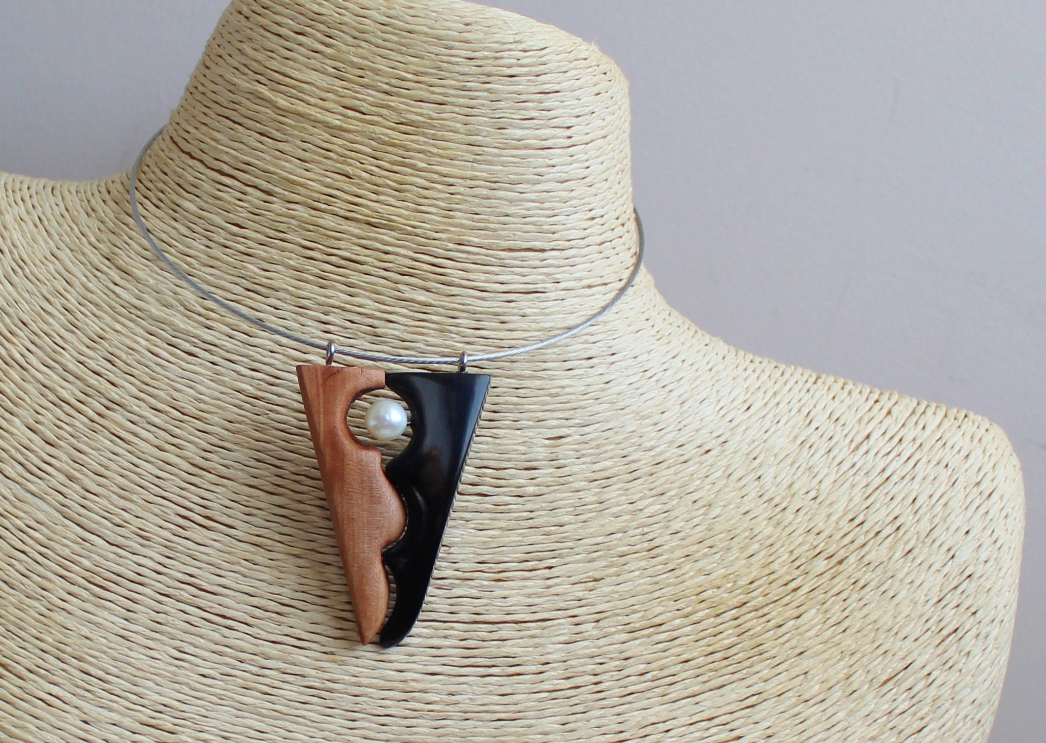 Horn Pearl Modernist Necklace Wood Horn Pearl Pendant Etsy UK