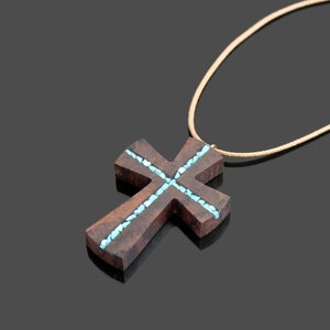 Wood Turquoise Cross Pendant Wooden Cross for man Wood Art Cross Necklace Gift for man Abstract Cross Necklace Man Cross Necklace image 5