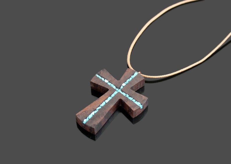 Wood Turquoise Cross Pendant Wooden Cross for man Wood Art Cross Necklace Gift for man Abstract Cross Necklace Man Cross Necklace image 5