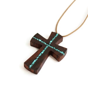 Wood Turquoise Cross Pendant Wooden Cross for man Wood Art Cross Necklace Gift for man Abstract Cross Necklace Man Cross Necklace image 7