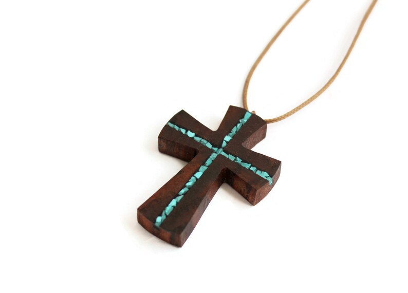 Wood Turquoise Cross Pendant Wooden Cross for man Wood Art Cross Necklace Gift for man Abstract Cross Necklace Man Cross Necklace image 7